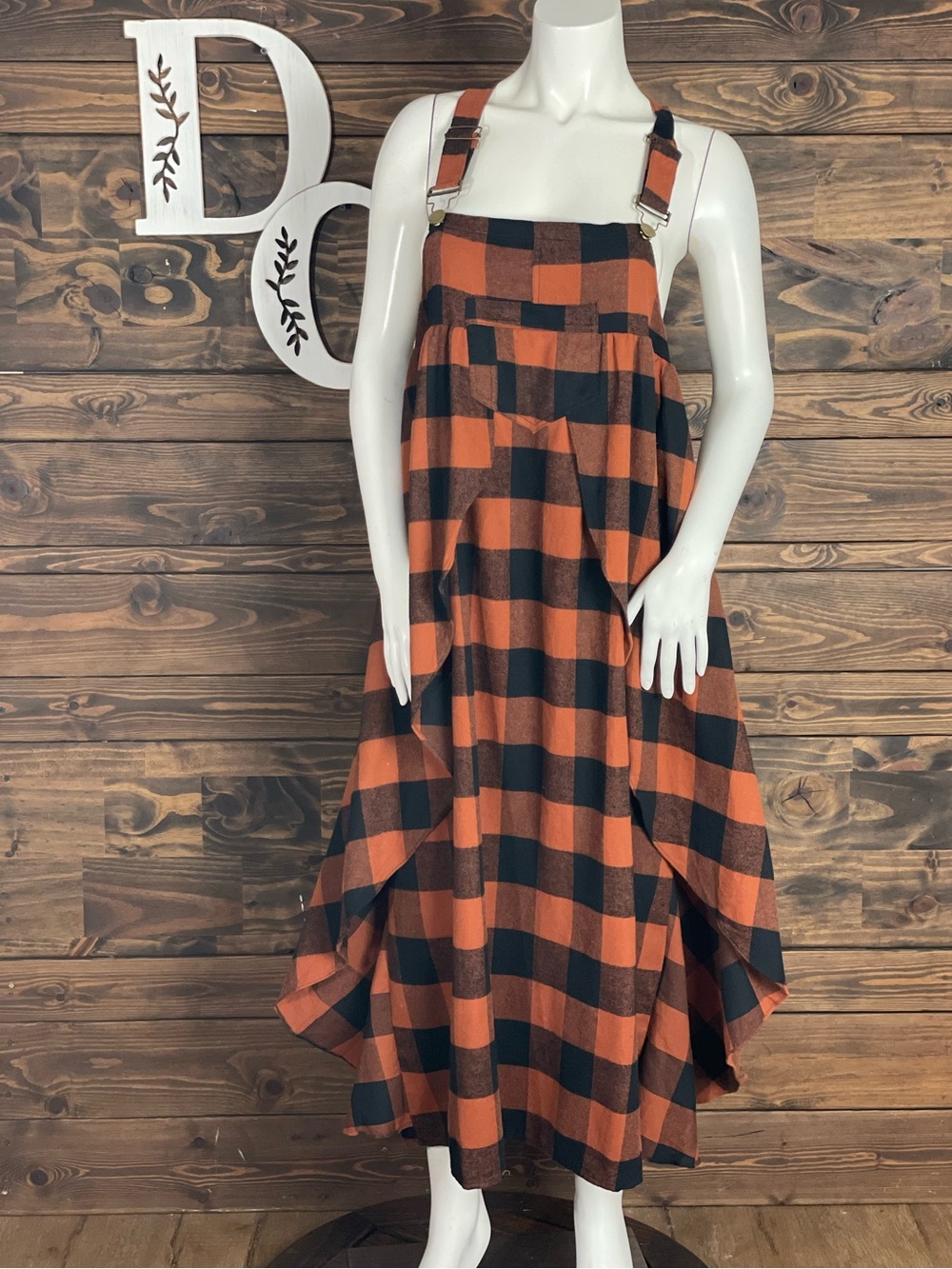Cellabie | Checkered Orange and Black Pinafore Midi Overall Dress Gingham Fall